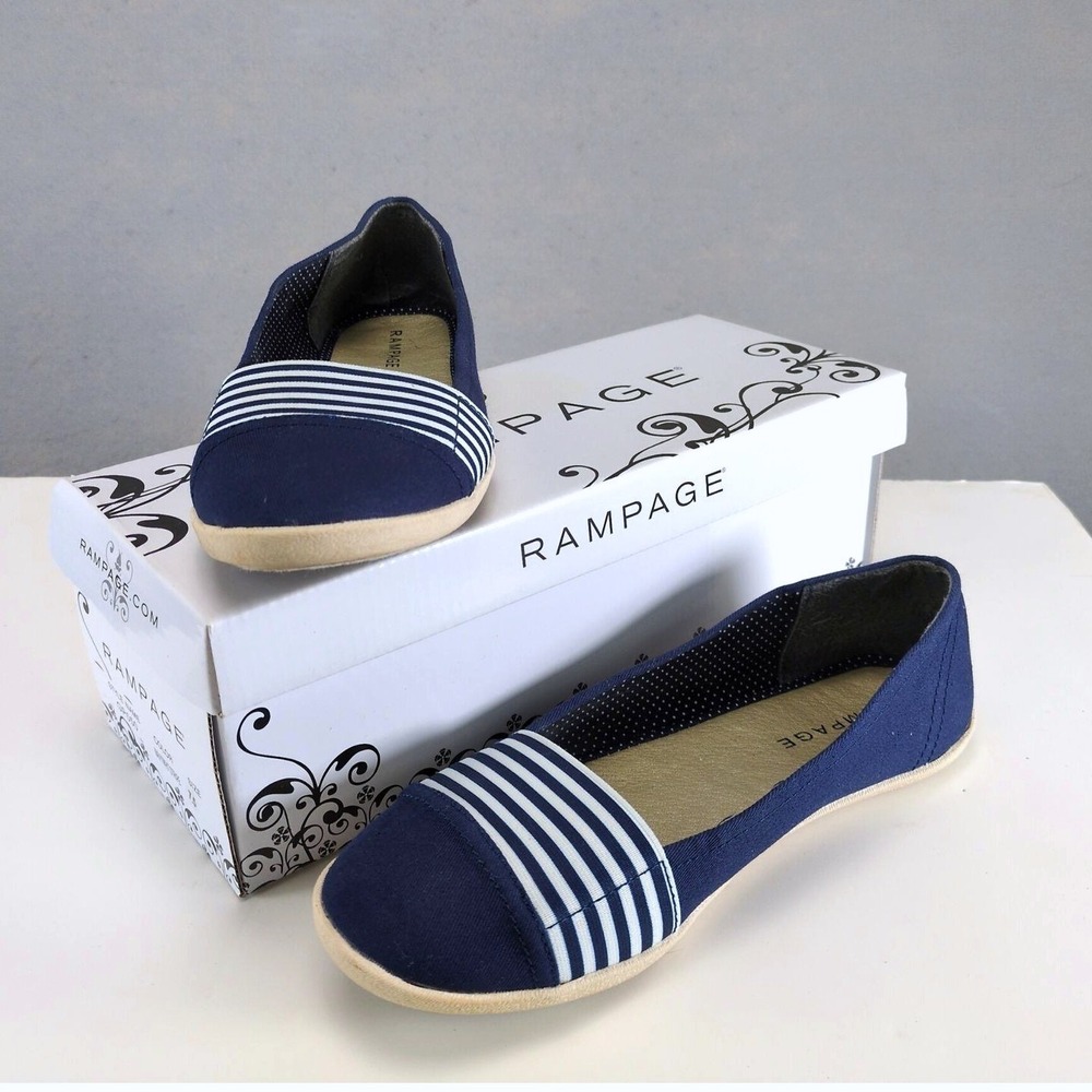 Rampage Navy White Stripe Canvas Flats Women's 7.5 Slip-On Nautical Summer Beach